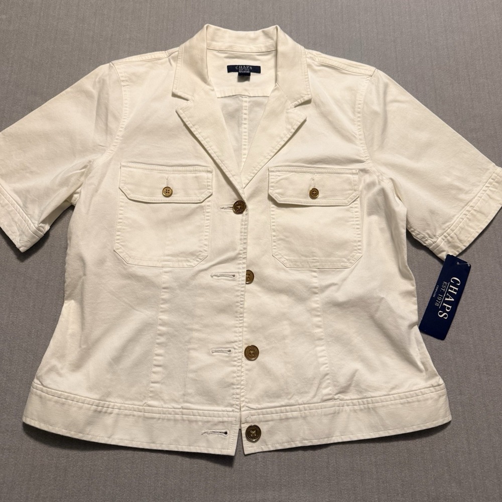 Chaps Womens Large White Safari Jacket Shirt Short Sleeve Stretch Cotton NWT